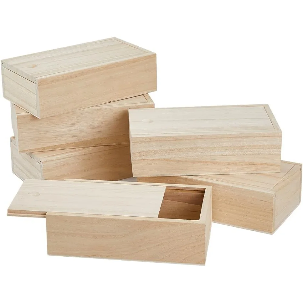 6Pcs Wood Box with Slide Lid 6.6x3.7inch Unfinished Wooden Storage Box Small Wooden Trinket Storage with Slide Top