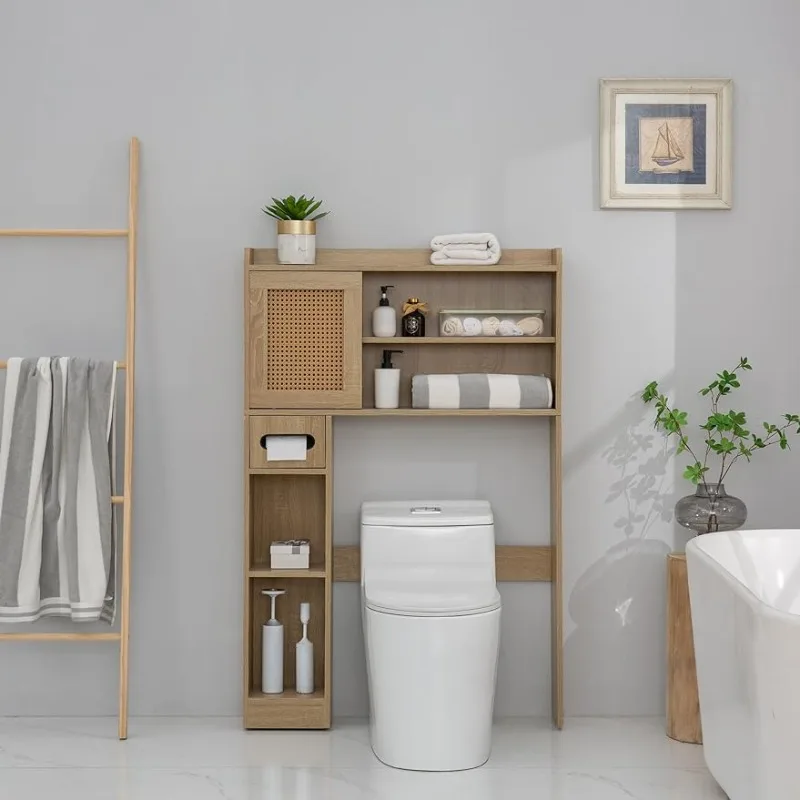 

Above Toilet Space Saver Rack w/Adjustable Shelves, Sliding Door, Multifunctional Over Toilet Organizer for Bathroom