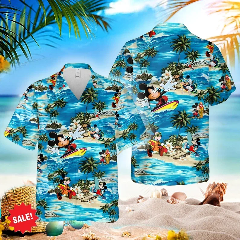 

2024 Disney Mickey Mouse Hawaiian Men and Women Shirt Summer Beach Trip Family Hawaiian Kids Shirt
