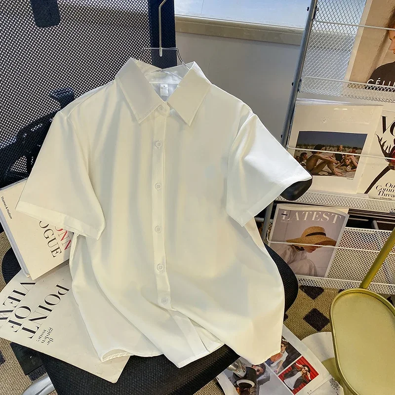 

DAYIFUN Women Shirts Summer White Preppy Style Versatile Uniform Chiffon Blouses Single Breasted Casual Short Sleeve Blusas Top