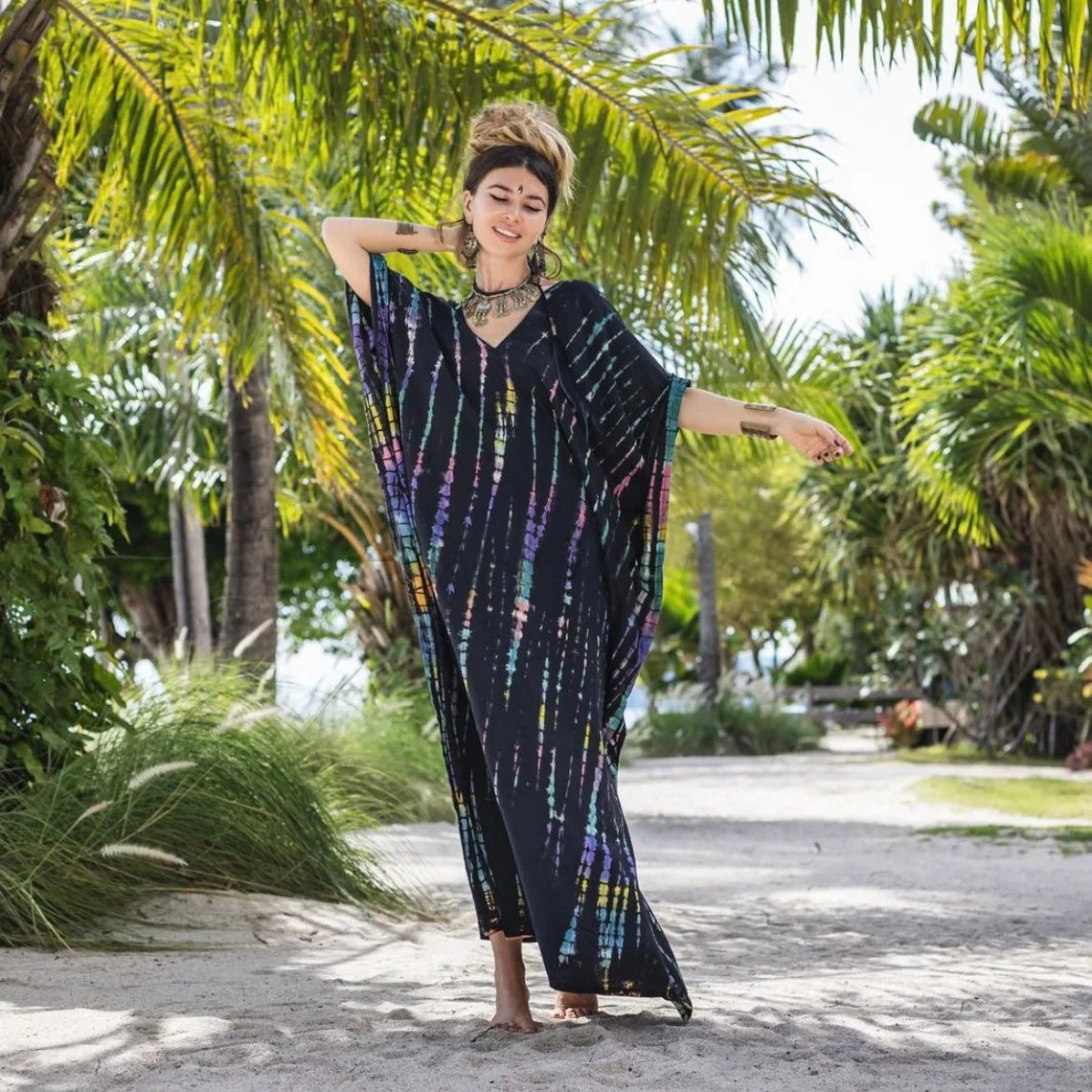 Fashion Casual Striped Print Long Dresses Women Bohemian V-neck Bat Sleeve Loose Slit Beach Dress Summer New Beachwear Vestidos 35 Fashion Casual Striped Print Long Dresses Women Bohemian V-neck Bat Sleeve Loose Slit Beach Dress Summer New Beachwear Vestidos