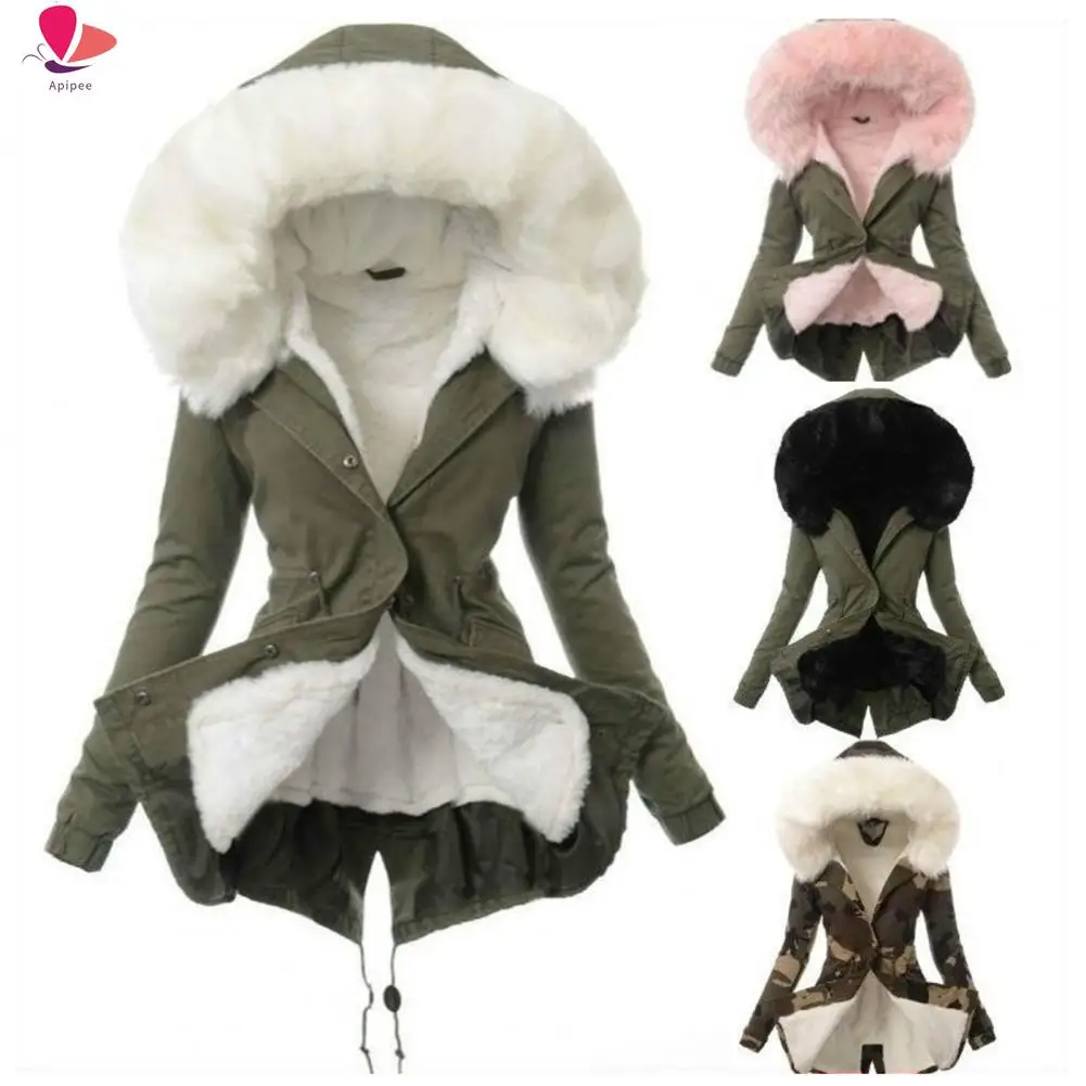 

Ladies Winter Faux Fur Lining Hooded Long Sleeve Thicken Cashmere Overcoat Jacket Medium Long Removable Hooded Parka Coat