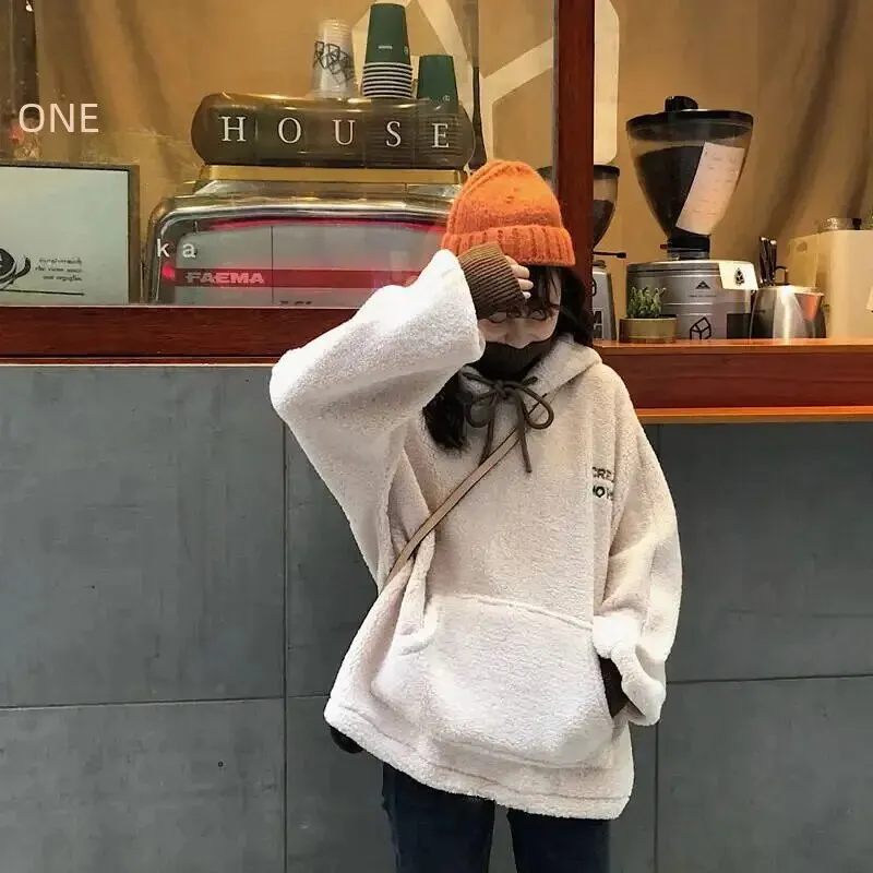  Wide Loose Velvet Letter Printed Wool Hat Contrast Stitching Autumn Winter Student Top Coat Women Casual Korean Style Thick 