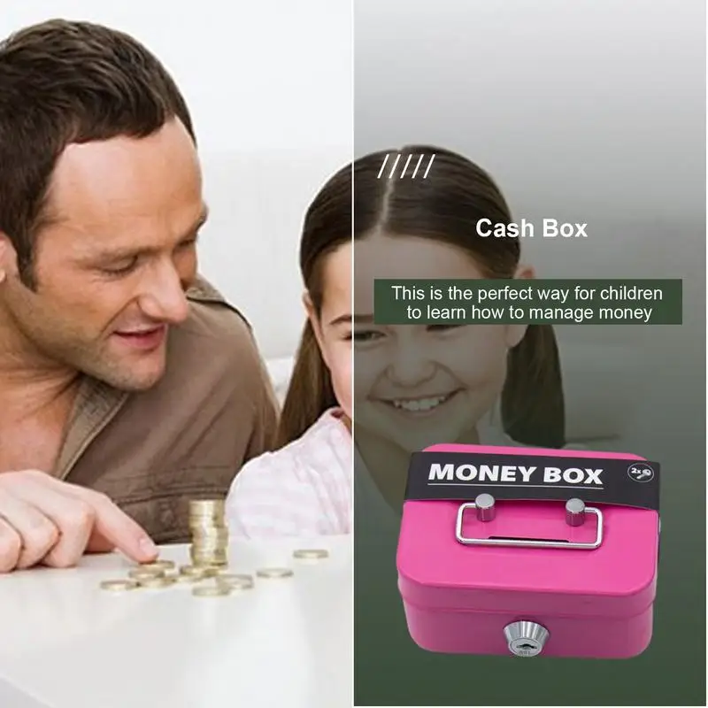 Key with Handle Lock Cash Box Metal Small Cash Storage Box with Handle with Lockable Cover Money Organizer Kids 3