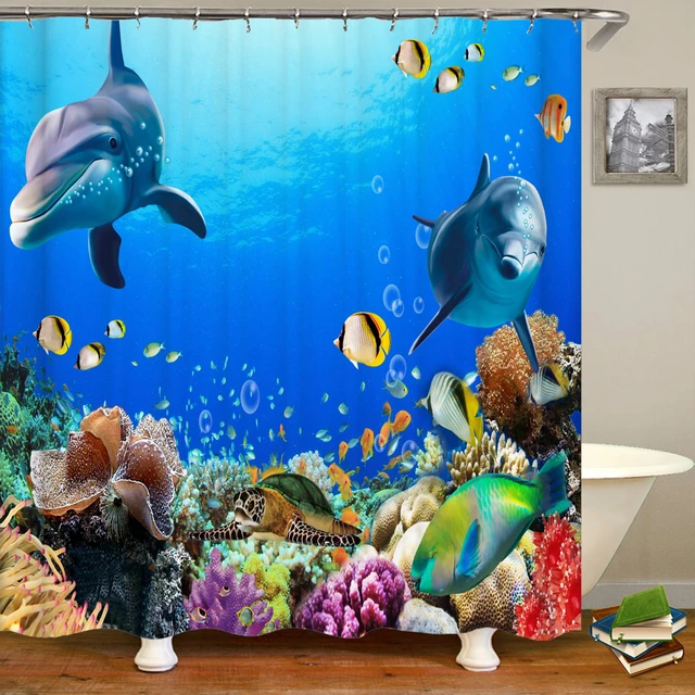 Dolphin Shower Curtain, Blue Underwater World Marine Life , Polyester  Fabric Kids Ocean Theme Bathroom Decor Set with 12 Hooks