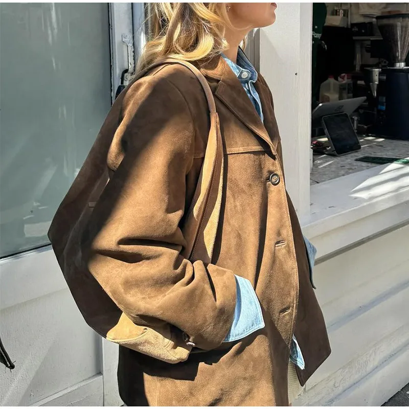 Vintage Brown Blazer Women Suede Leather Jacket Autumn Fashion Single Breasted Lapel Loose Coats Street Office Lady Outerwears 5
