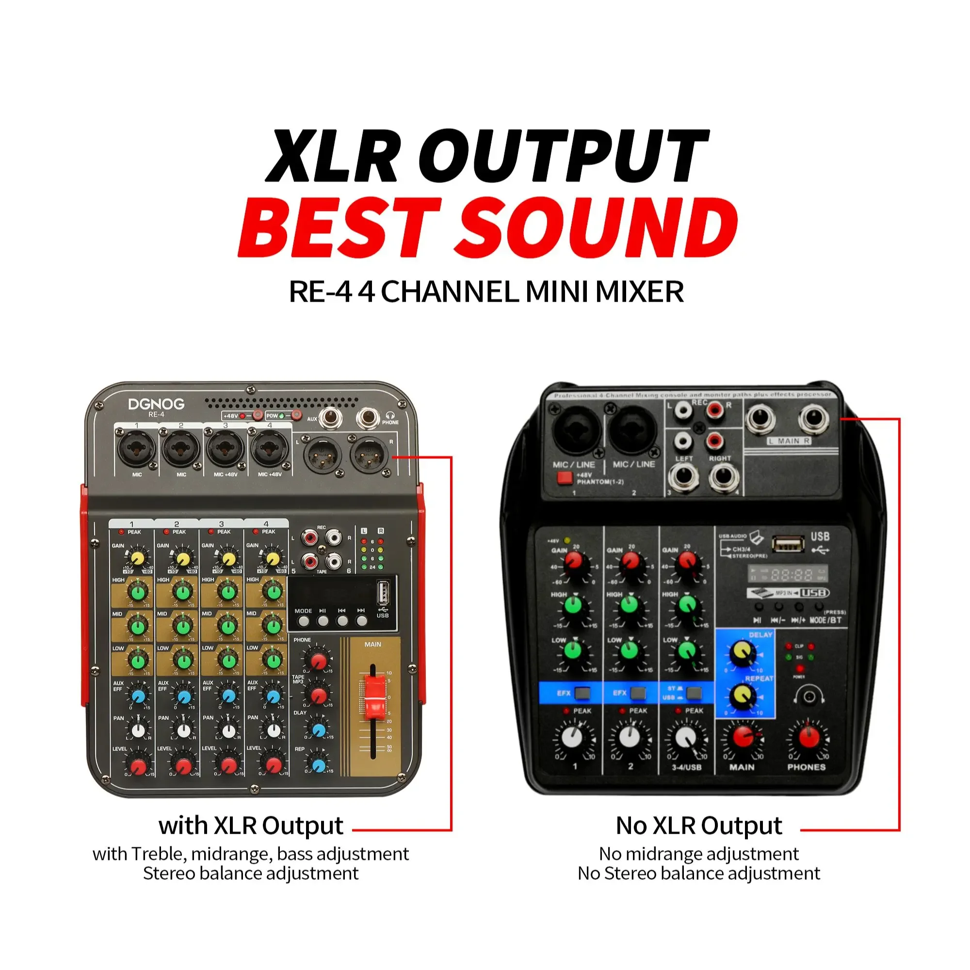 RE4 4-Channel Sound Mixer AUX Effec Console DJ Mixing 48V Phantom Power Bluetooth USB REC XLR Output Audio Mixer DGNOG audio mixer