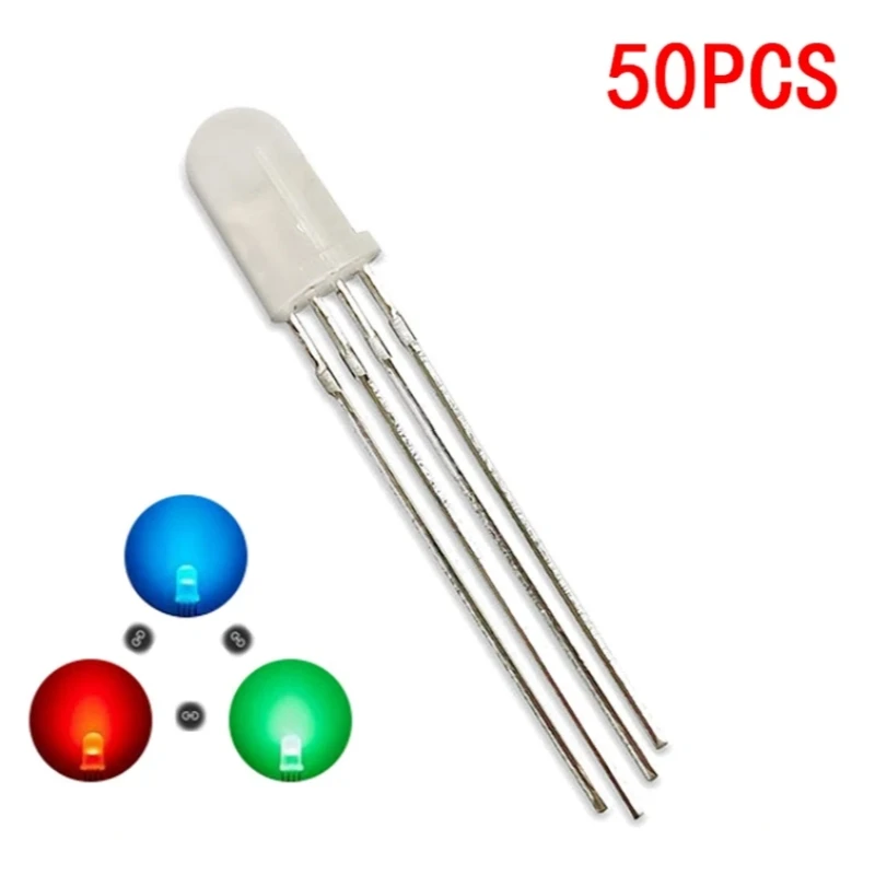 50 Uds. LED RGB a todo color de 5mm rojo/verde/azul cátodo común/ánodo cuatro pies luz de color resaltado transparente diodo de 5mm colorido