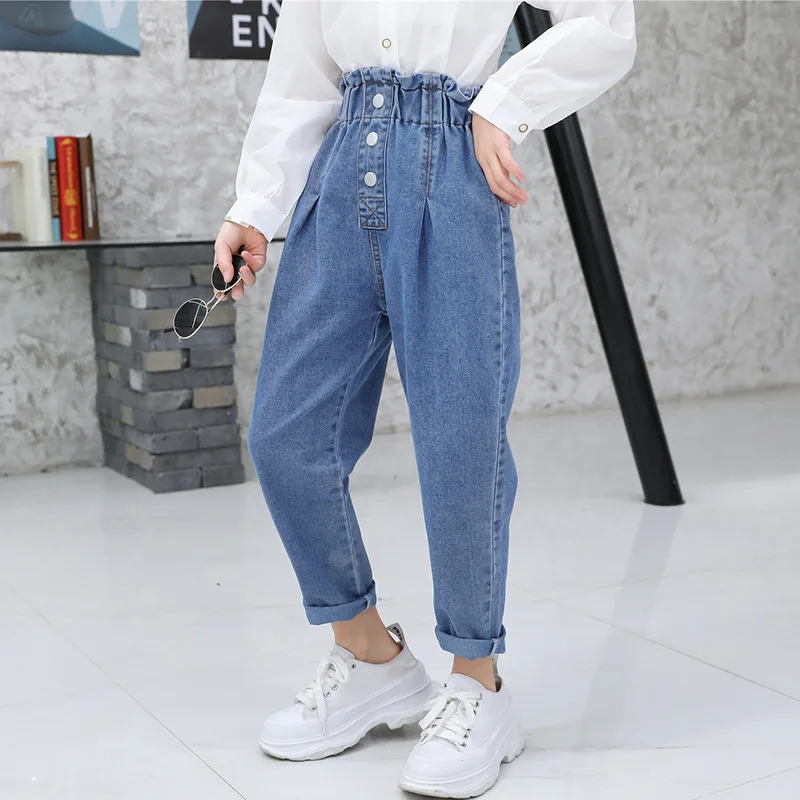 

New Jeans for Girls Spring Autumn Three Button Kids Denim Pants Teen Girls Clothes Fashion High Waist Children Casual Trousers