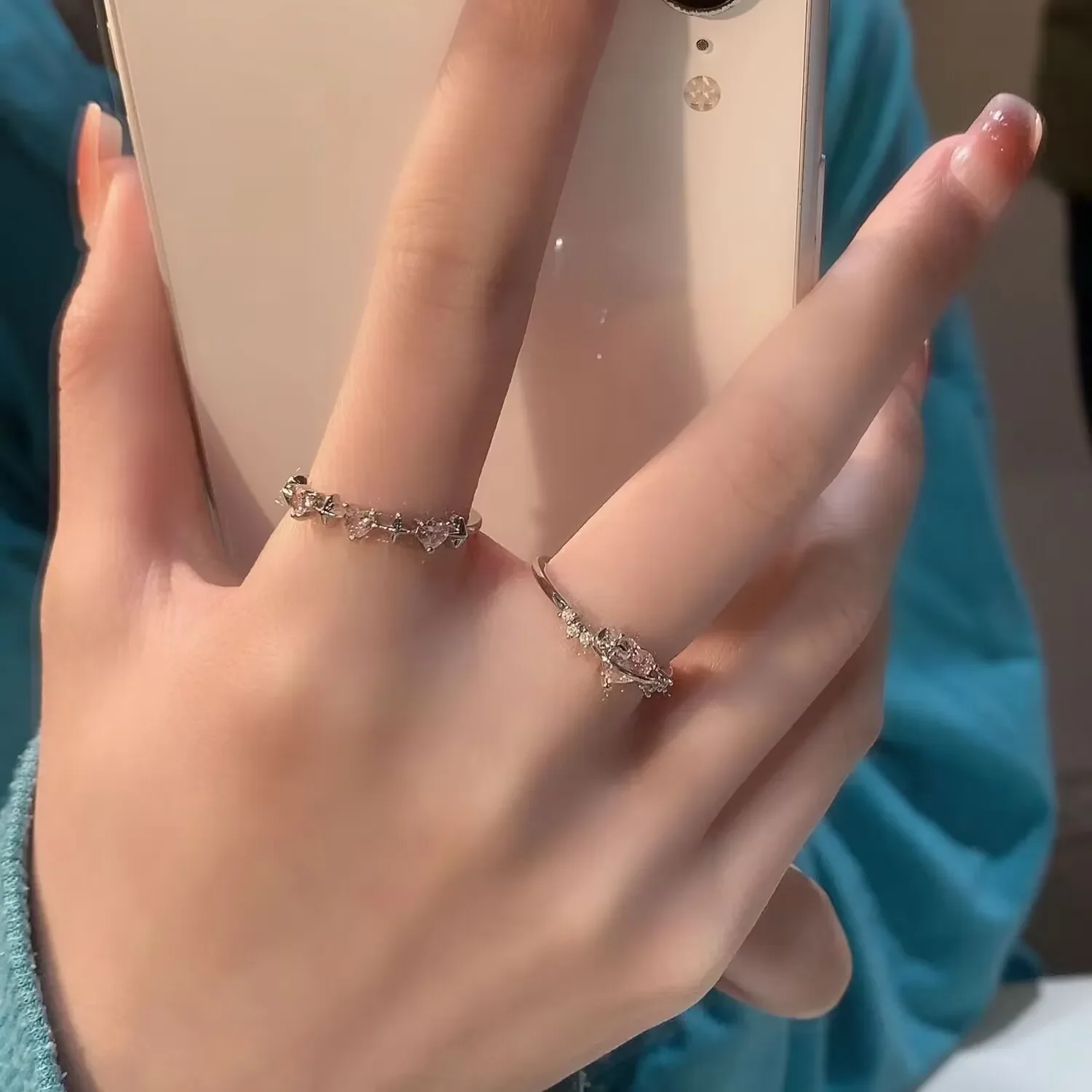 Fashion Pink Heart Crystal Heart Rings Women Y2K Elegant Rhinestone Light Luxury Exquisite Bow Knot Finger Ring Jewelry Gifts