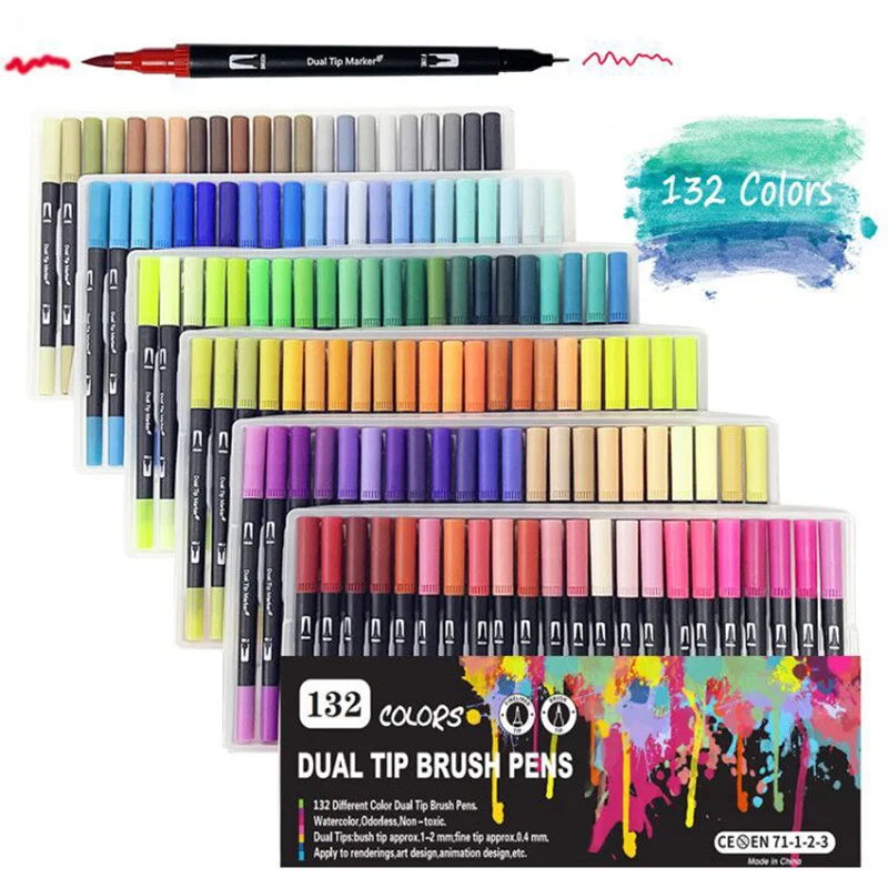 36 Colors Dual Tip Brush Pens Highlighter Art Markers 0.4mm Fine