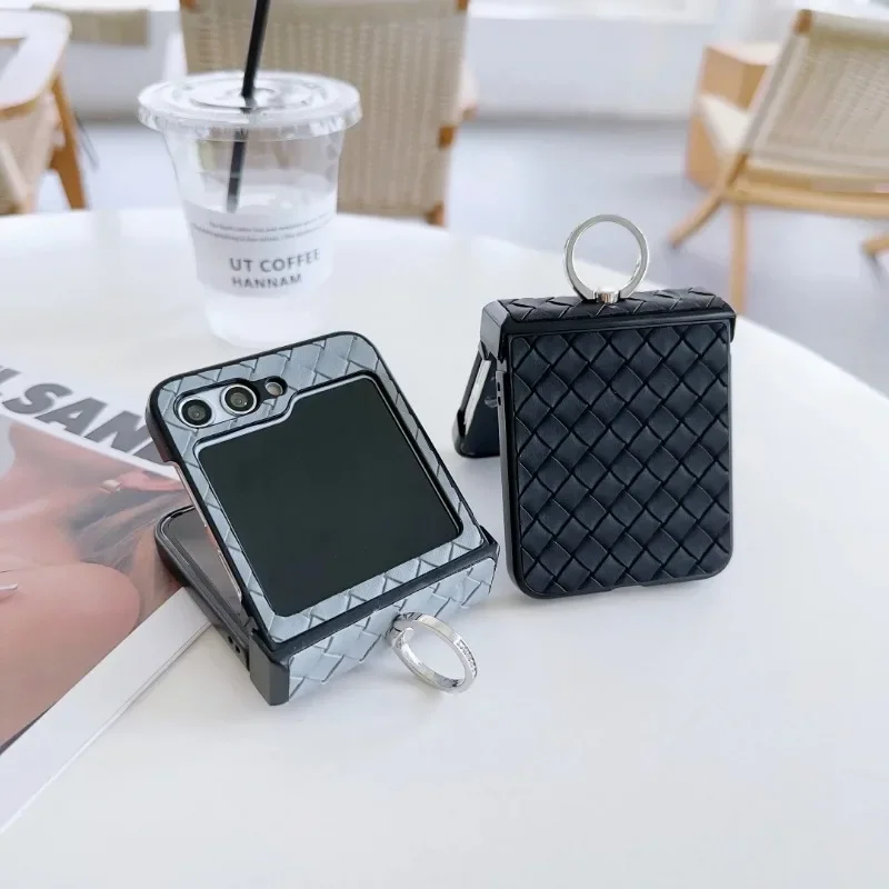 Woven Leather Ring Holder Shockproof Phone Case with Fall Prevention