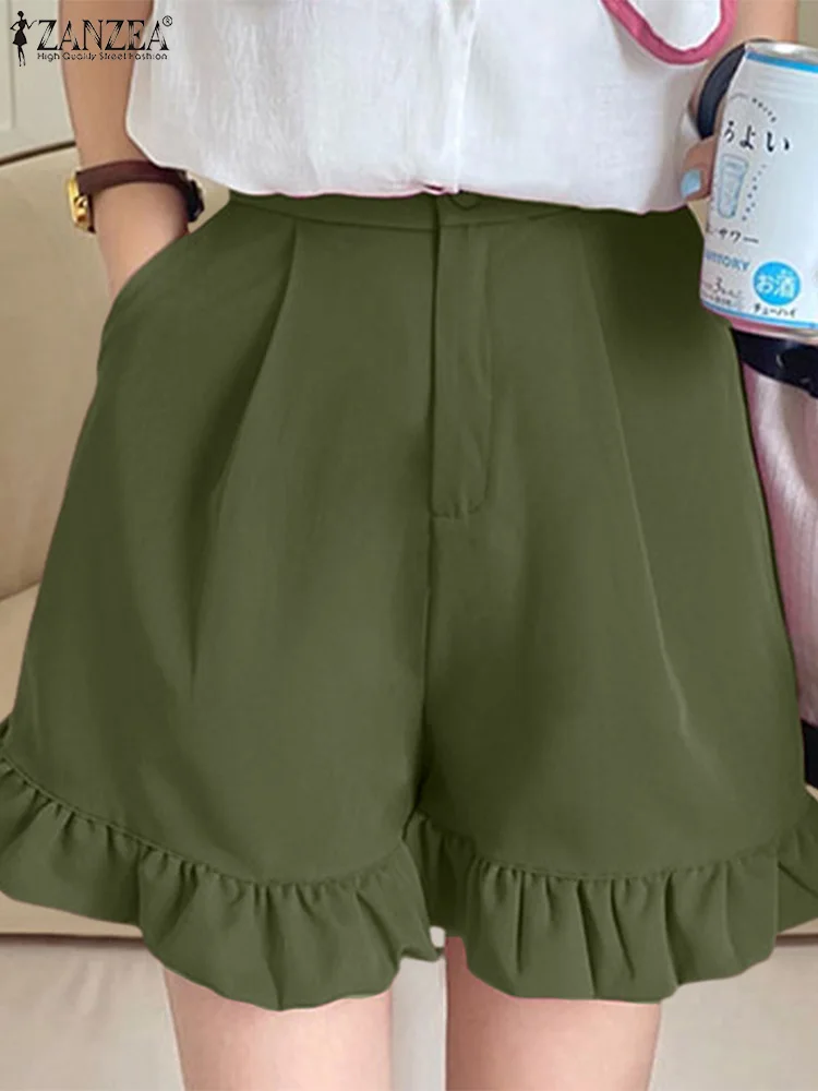 

ZANZEA Summer Shorts Women High Waist Causal Loose Shorts Beach Holiday Hot Pants Work Wear Pant Femme Ruffles Hem Trousers