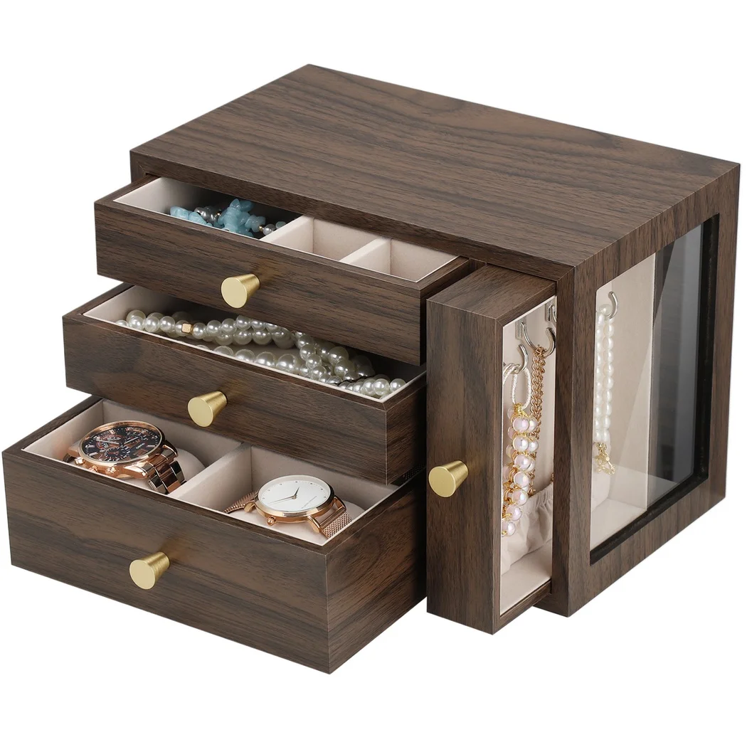 

Wooden Jewellery Box Luxury Jewelry Organizer With 3 Drawers 1 Side Drawer Jewelry Storage Case For Watches Earrings Necklaces