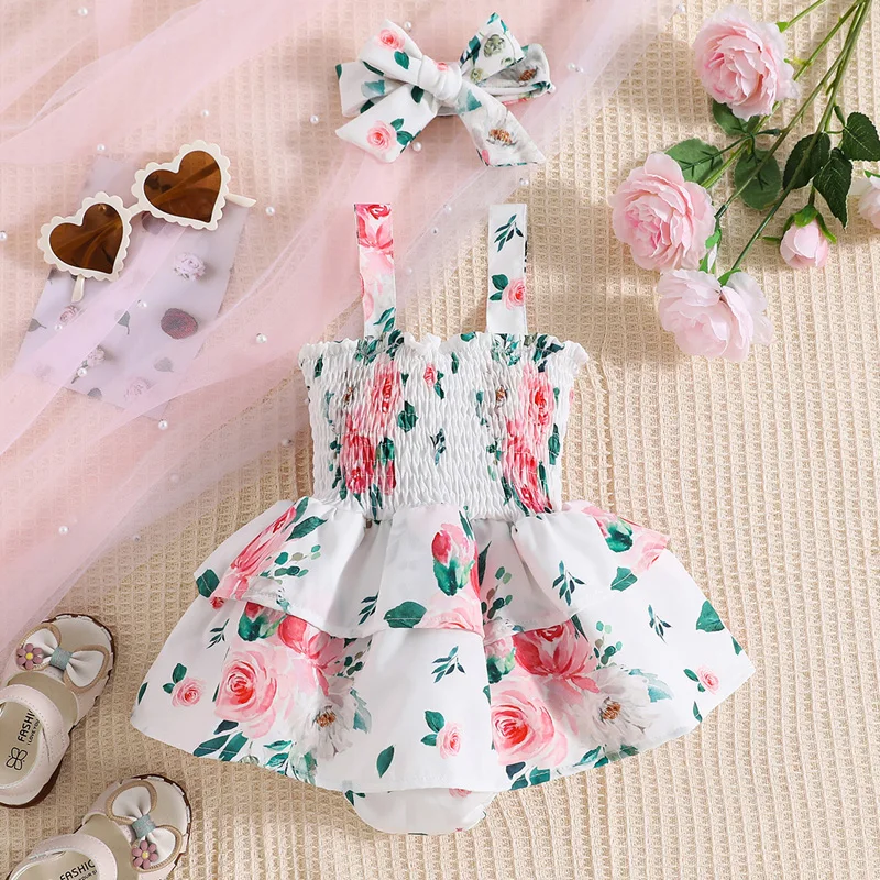 

Summer Rompers For Baby Girls 2023 Sleeveless Tutu Floral Playsuit with Headband
