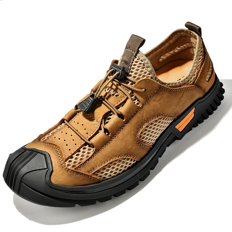 

High Quality Genuine Leather Casual Men's Shoes Trekking Fishing Shoes Breathable Mesh Sneaker Camping Outdoor Hiking Shoes Men