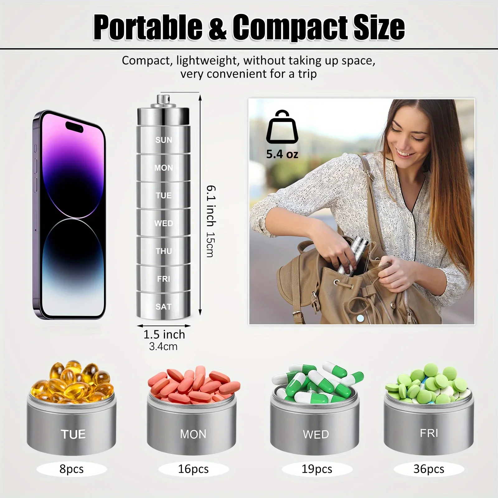 Metal Pill Organizer Weekly Waterproof Travel Pill Box Portable Travel Bottle 7 Day Pill Case to Hold Vitamins Supplements