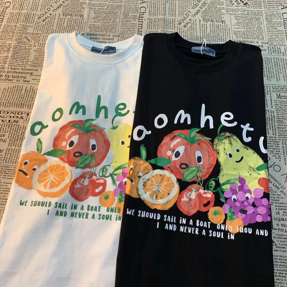 American Retro Fruit Print Round Neck Short Sleeved T-shirt For Women And Men Trendy Loose And Versatile Couple Half Sleeved Tee