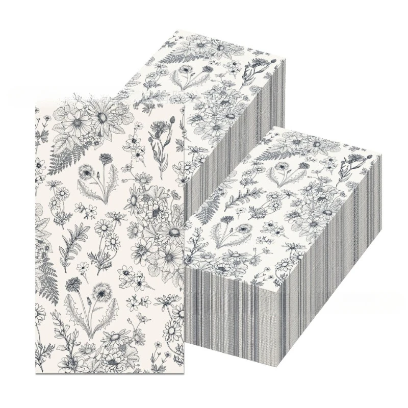 20pcs/Pac 34.2*40.6cm 2-Ply Black and White Sketch Daisy Dandelion Long Paper Napkin Party Holiday Disposable Paper Placemat