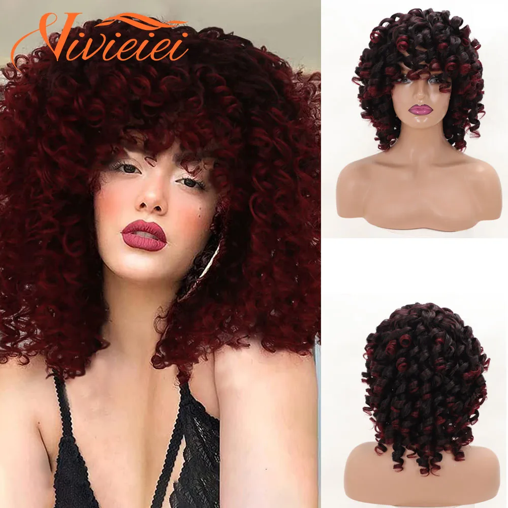 

Afro Kinky Curly Wig With Bangs Short Synthetic Wigs For Black Women Omber Brown Blonde Glueless Cosplay Hair High Temperature