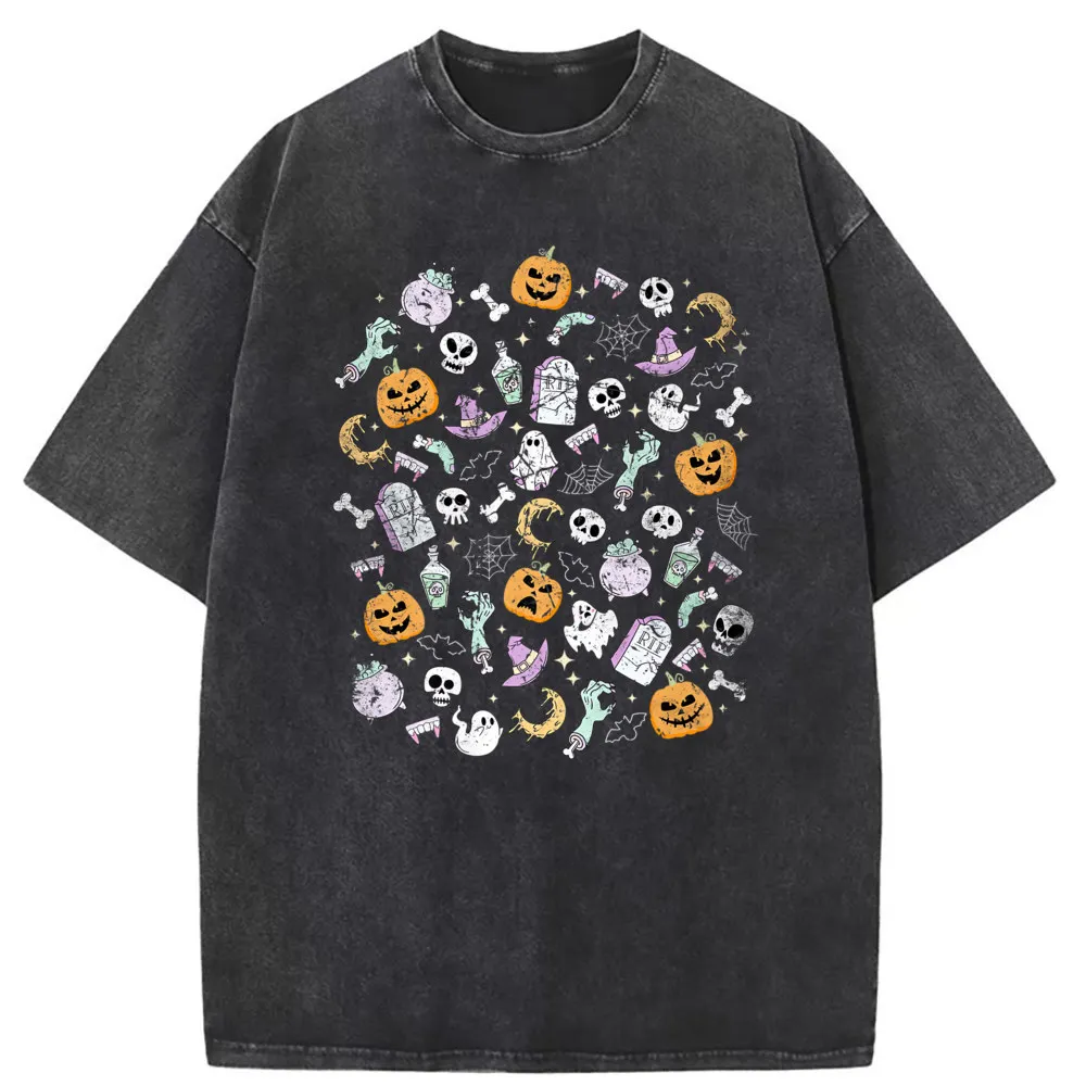 

Halloween Skull Summer Tshirt Washed Long Sleeve Printed On Clothes Brand Vintage Sweatshirts Streetwear Harajuku