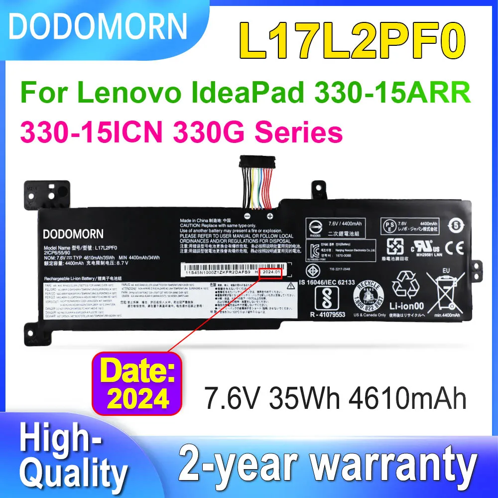 Аккумулятор DODOMORN L17L2PF0 для ноутбука Lenovo IdeaPad 330-15ARR 330-15ICN 330G L17M2PF0 L17M2PF1 L17M2PF2 5B10Q62138, 7,6 В, 35 Втч