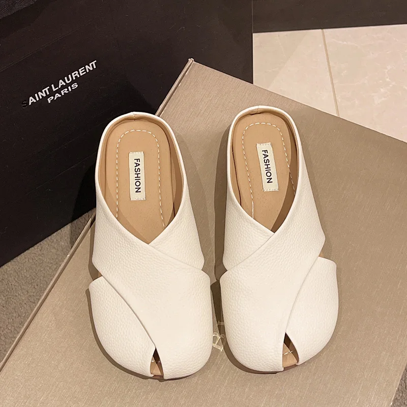 Women Flat Slippers Shoes Summer Peep Toe Leather Flat Sandals Mules Casual Shoes