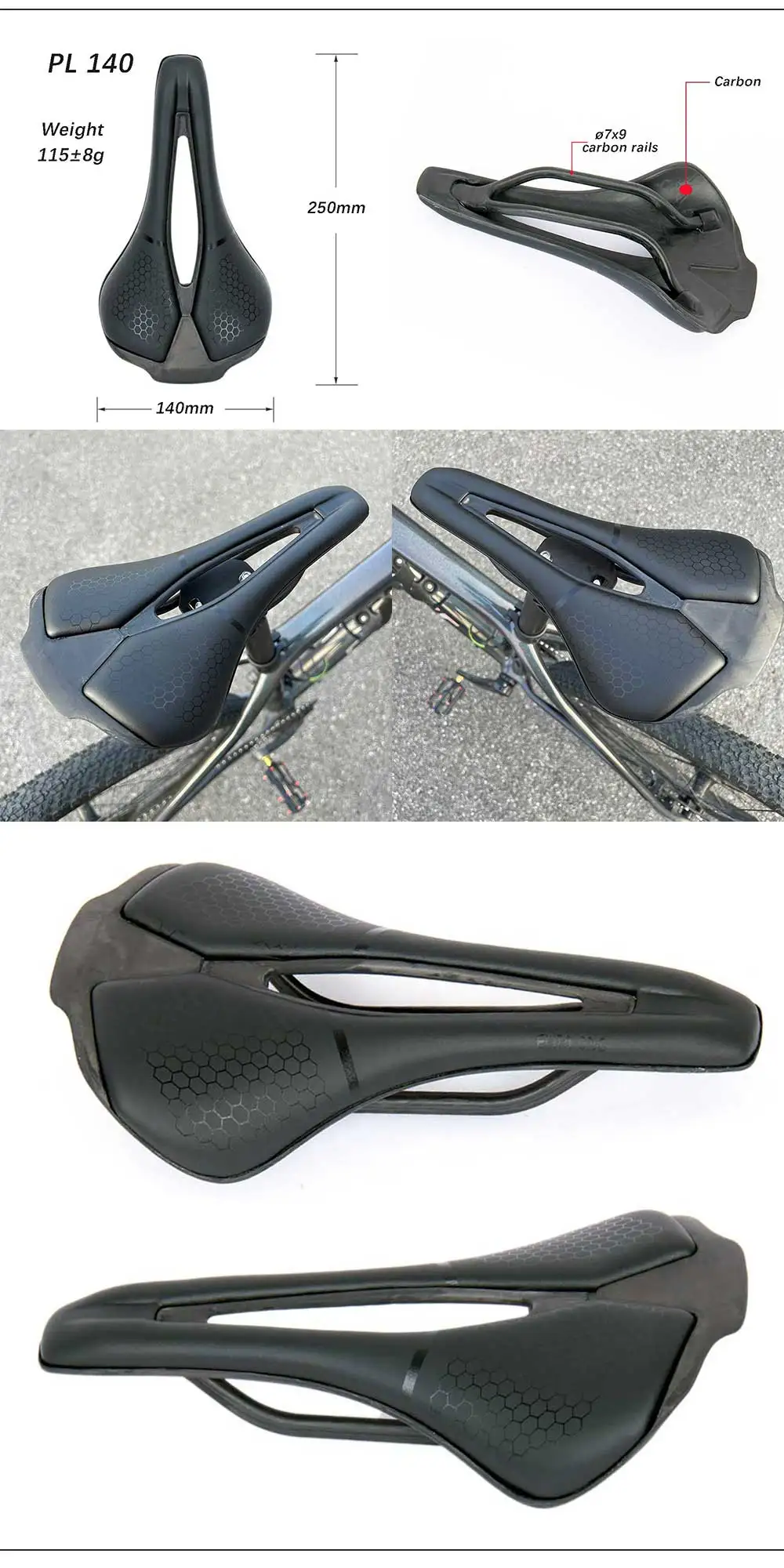 Description Picture 6 of itemMTB/Road Bicycle Carbon Saddle 115G Ultralight Saddle 250x140mm UDTextured Bare Carbon  Riding Seat Cushion