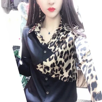 Primavera autunno nuova moda colletto POLO camicette a maniche lunghe Patchwork Color Blocking Leopard camicie giovani monopetto allentate