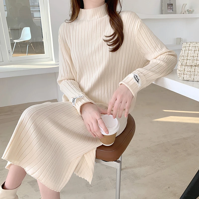 

Chic Women Wool Dress Striped Apricot Autumn 2023 Turtleneck Elegant Knitted Vestido Ladies Clothing Winter Loose Long Jumper
