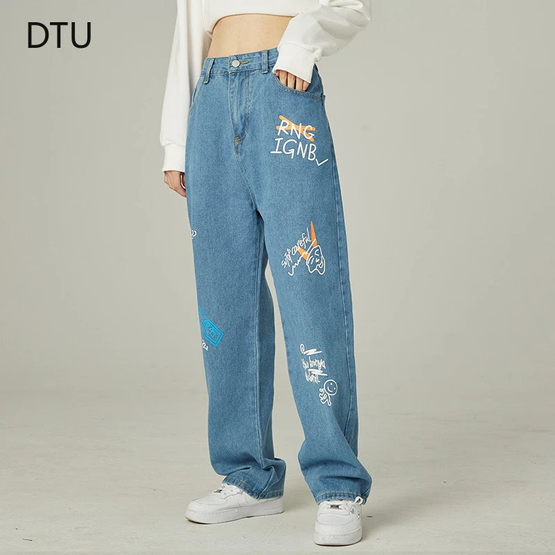 white jeans 2022 Spring and Summer New Graffiti Style Pattern Printing High Waist Straight Loose Jeans Women zara jeans