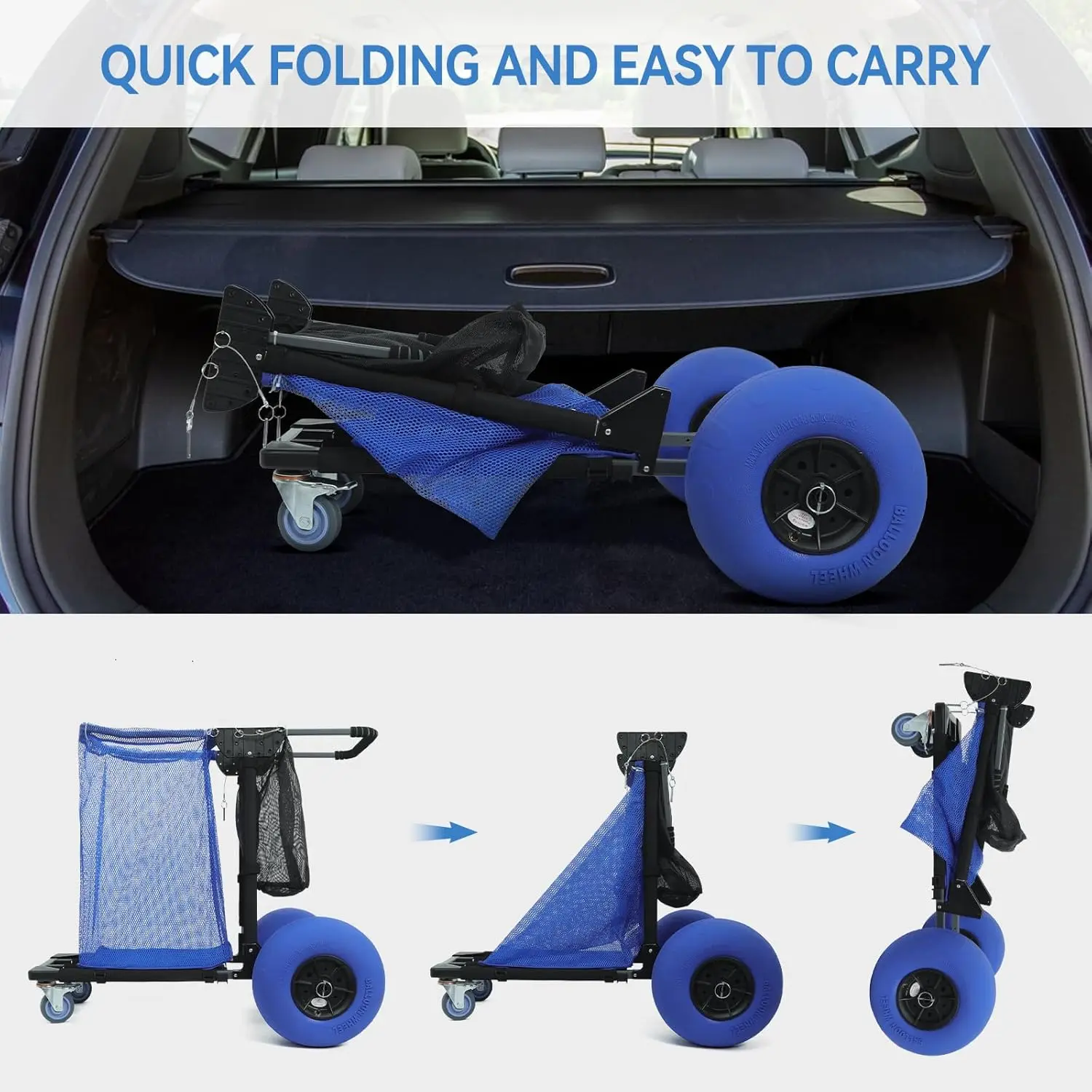 12"Sand Tires Adjustable Handle,Large Capacity Cart with Storage Pockets,Straps &Beach Chair Hooks,Maximum Weight Capacity220lbs