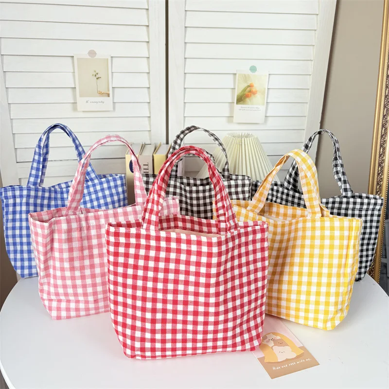 Portátil feminino bento bolsas simples xadrez senhoras pequena bolsa de ombro sacos retro feminino pano reutilizável saco de compras