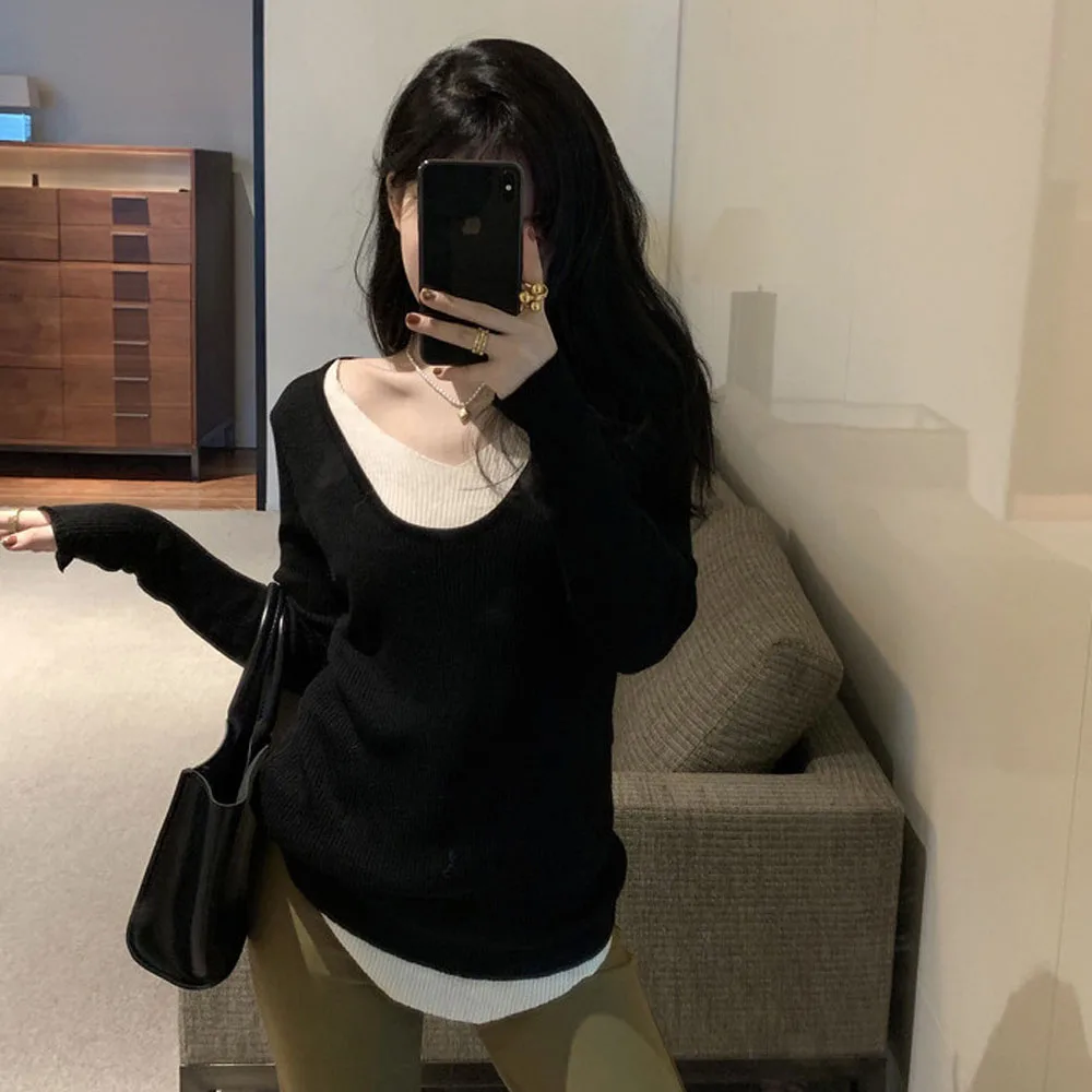 Women V Neck Long Sleeve Knitted Sweaters