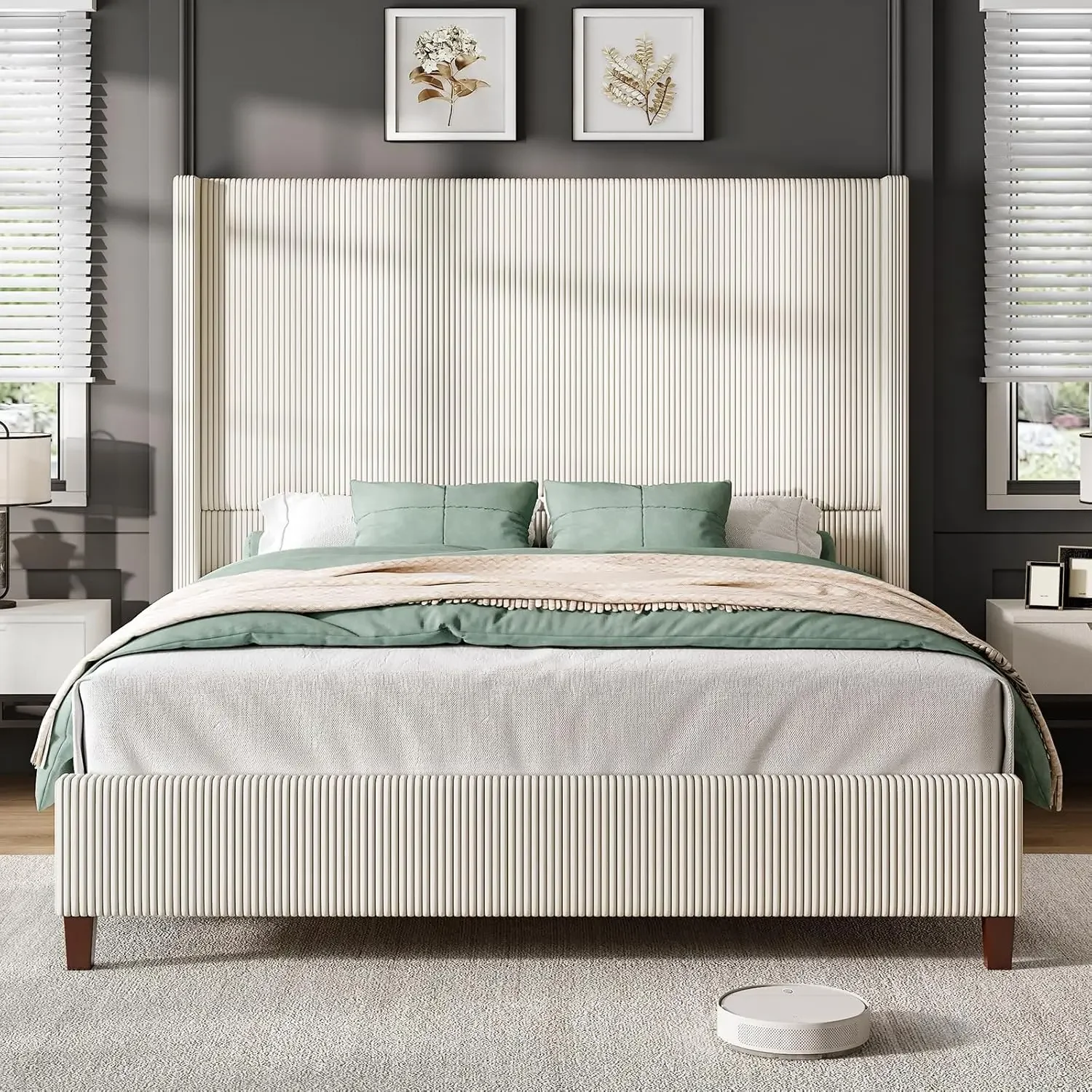 Queen Size 62" Corduroy Upholstered Bed Frame, Luxurious Platform Bed with Extra Tall Wingback Headboard and Vertical Stripe 2