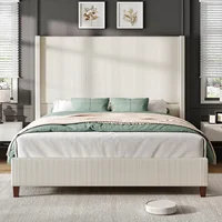 Queen Size 62" Corduroy Upholstered Bed Frame, Luxurious Platform Bed with Extra Tall Wingback Headboard and Vertical Stripe 2