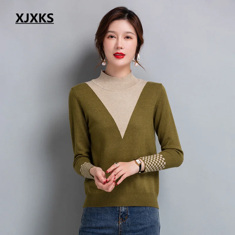 

XJXKS 2022 Autumn Winter Bottoming Sweater Women's Pullover Fashion Color-blocking High-end Wool Knitted Turtleneck Jumper