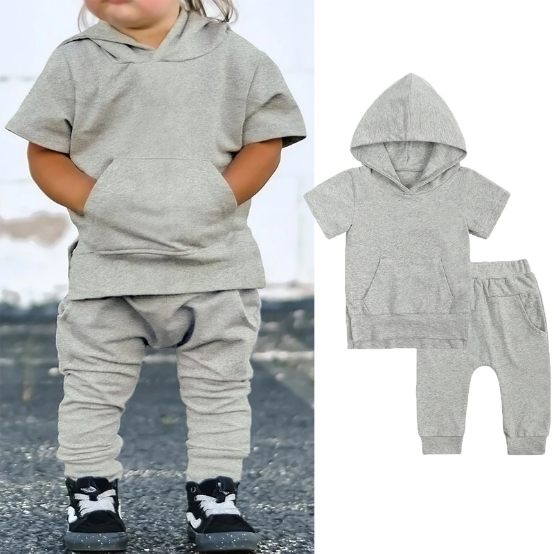 Toddler Boys Girls Short Sleeve Pocket Hooded Top T-Shirt + Shorts Set Little Kids Outfit 2Pcs Summer Tracksuit Sweatshirts 1-7Y