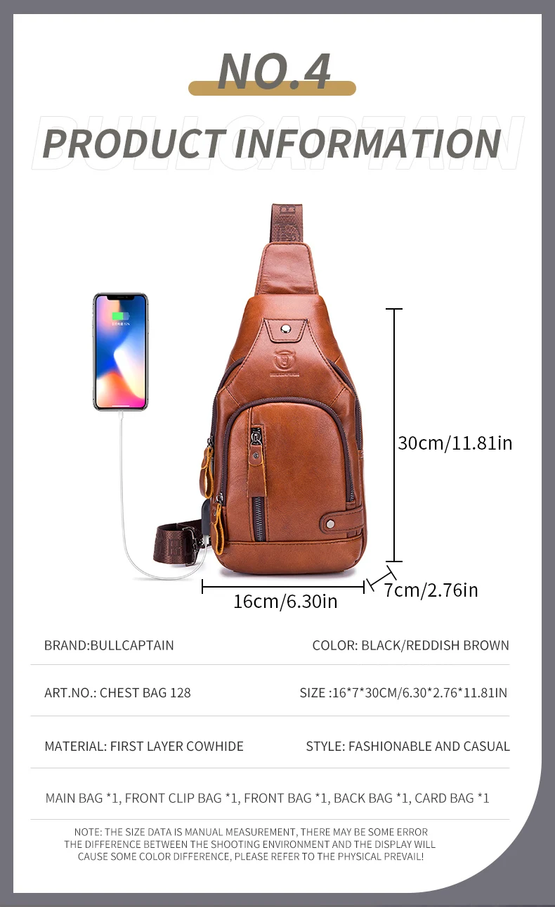 BULLCAPTAIN Retro-Brusttasche aus echtem Leder, Umhängetasche aus Rindsleder für Herren, Umhängetasche mit großem Fassungsvermögen ﻿ – Detail 5