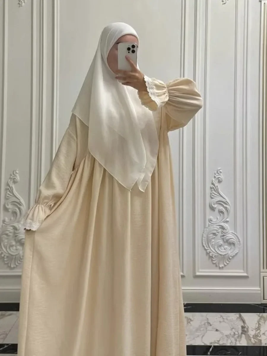 Femmes Robe de prière Abaya dentelle manches évasé
