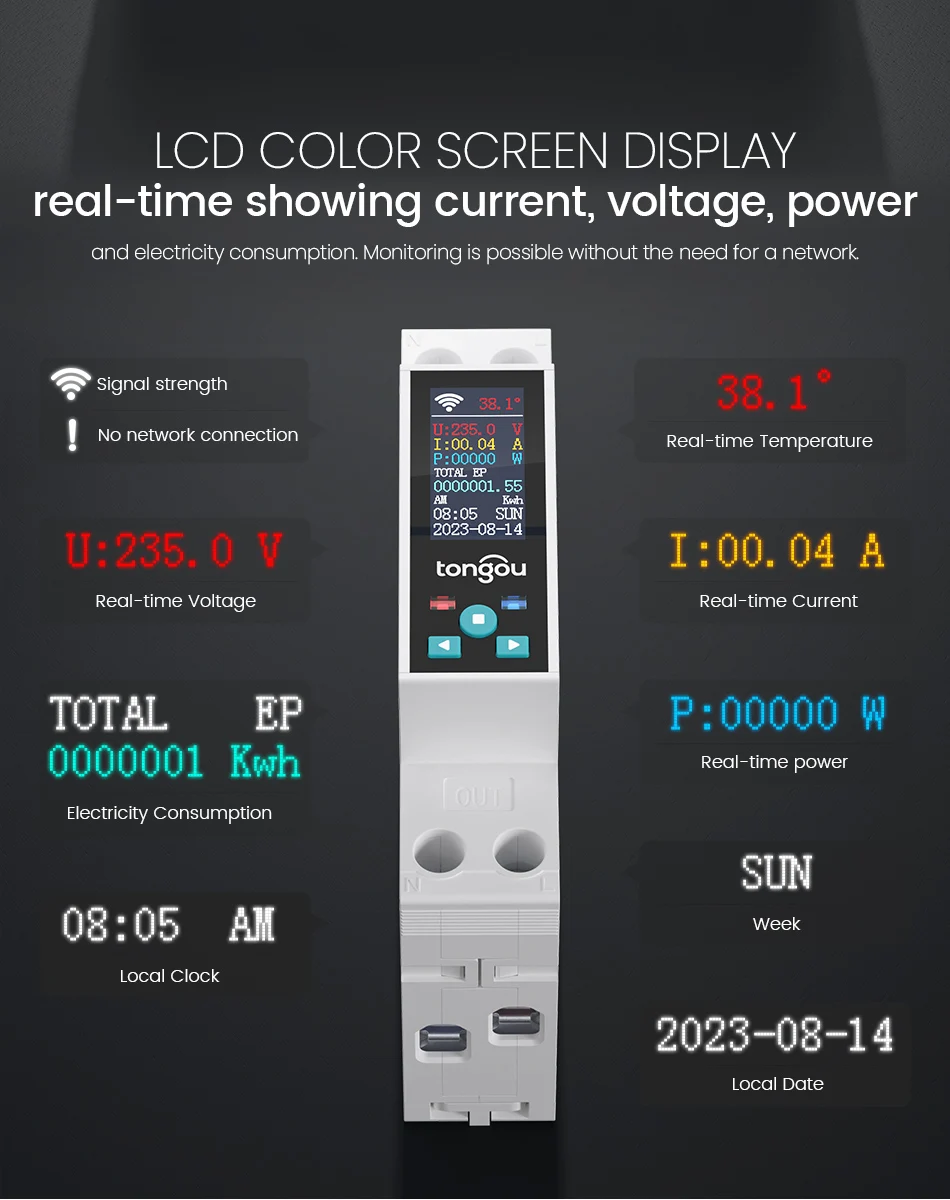 1P 50A Tuya WIFI Smart Switch Circuit Breaker LCD Energy Meter KWh Power Metering Timer Relay Remote Control Smart Life APP