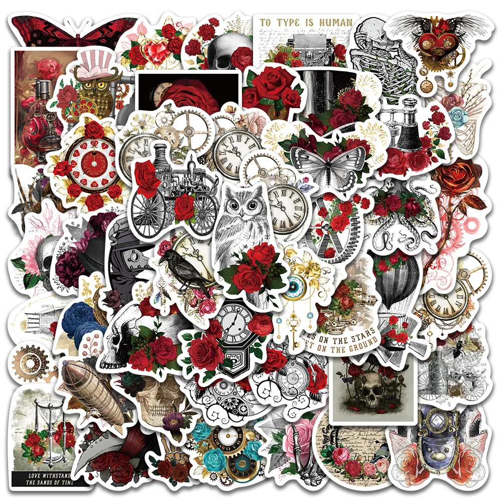 50PCS Vintage Steampunk Rose Flower Retro Gothic Sticker Aesthetic Bicycle Book Luggage Car Laptop Motorcycle Kid Toy Sticker