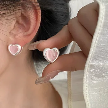 925 Sterling Silver Vintage Pink Heart Earrings For Women Trendy Earring Jewelry Prevent Allergy Party Accessories Gift