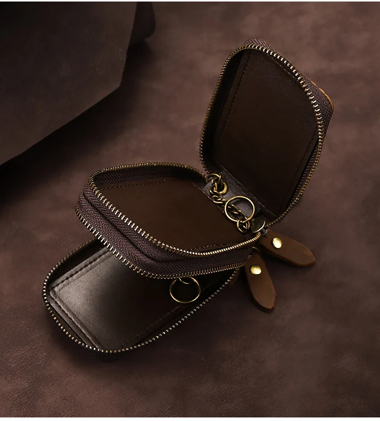 New Genuine Leather Car Key Pouch Wallet Double Zipper Crazy Horse Leather Designer Keychain Holder Organizer Key Case Bag Cover