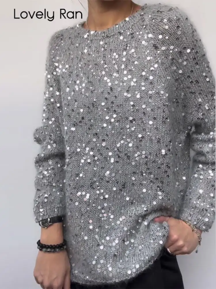 

Hot Sparkle Knit Tops Women Sequined Sweaters Long Sleeve O-neck Wram Jumper Tops Office Ladies Casual Loose Commute Pullover