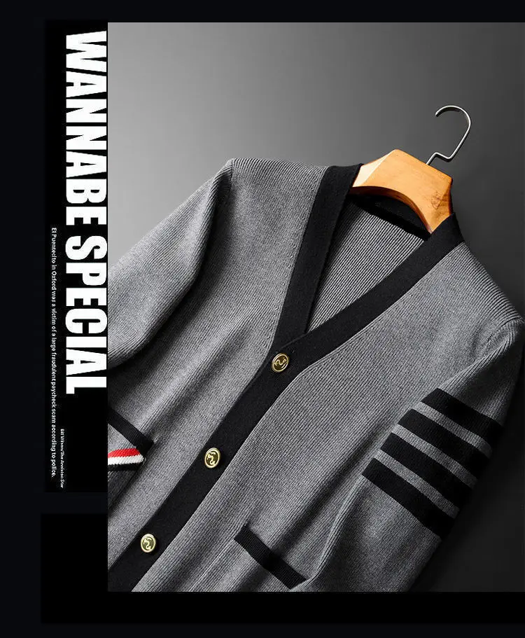 Description Picture 4 of itemAutumn Striped Contrast Color V-neck Knitted Cardigan Jackets Men's Loose Casual High Street Sweaters Men Tops Male Clothes