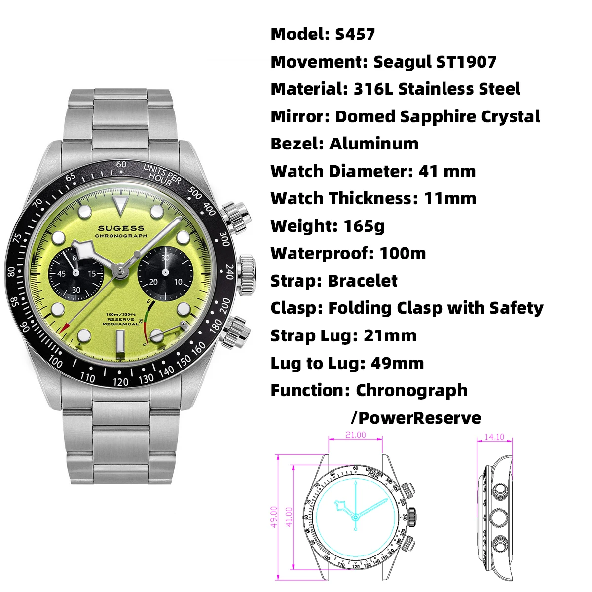 Sugess Pilot Watch Men Chronograph ST1907 Movement Air Force