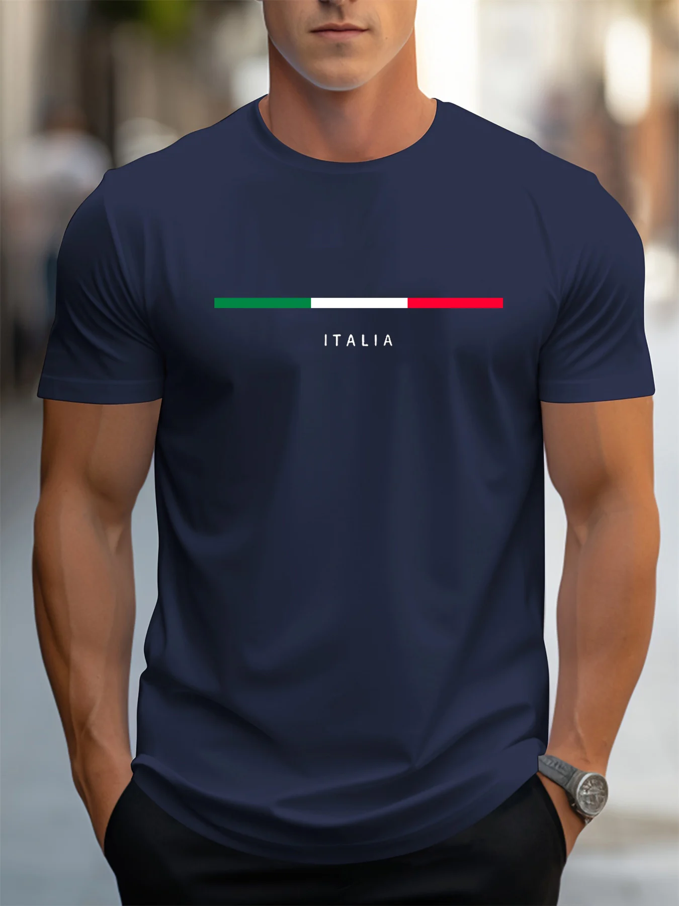 Men’s summer 100 cotton fashionable casual loose plus size ITALIA pattern printed sports round neck short sleeved T-shirt top