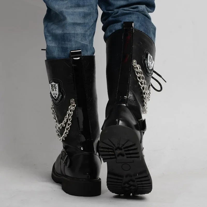 Men's Leather Motorcycle Boots Fashion Chain Mid-calf