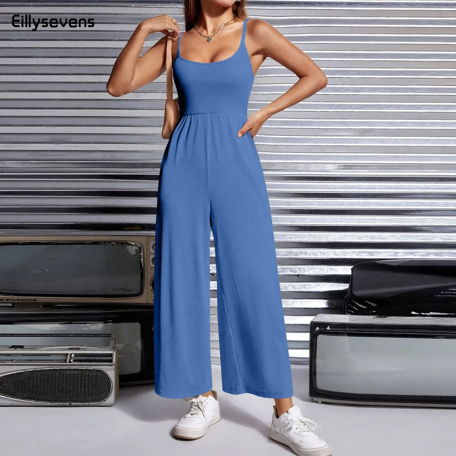 

Summer Elegant V Neck Suspenders Playsuits Women Fashion Sleeveless Backless Temperament Jumpsuit Loose Wide Leg Trousers Romper